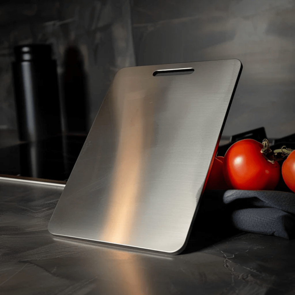 Rustproof stainless steel cutting board for hygienic kitchen food prep. Durable & odor-free design.