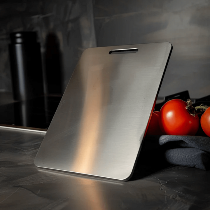 Rustproof stainless steel cutting board for hygienic kitchen food prep. Durable & odor-free design.