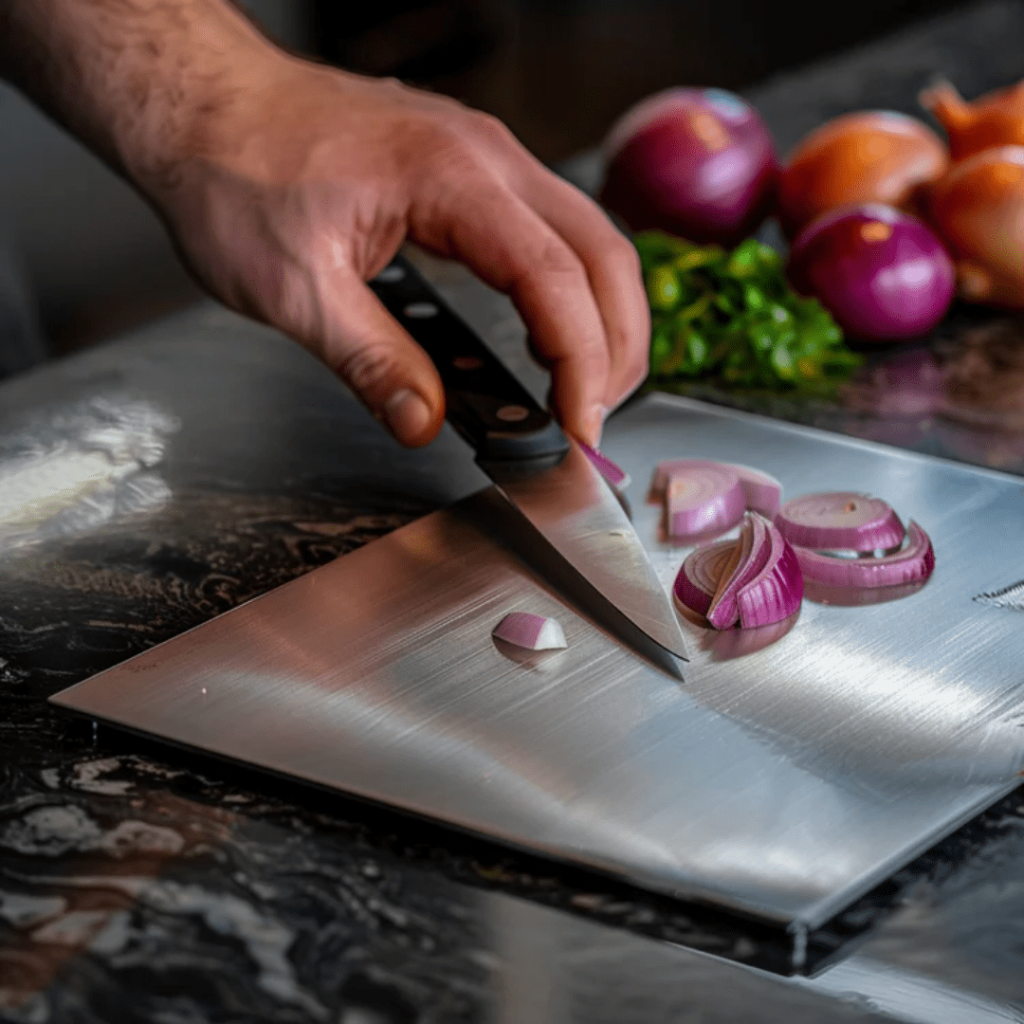 Sleek stainless steel cutting board. Hygienic, rustproof, & odor-free for all your food prep needs.