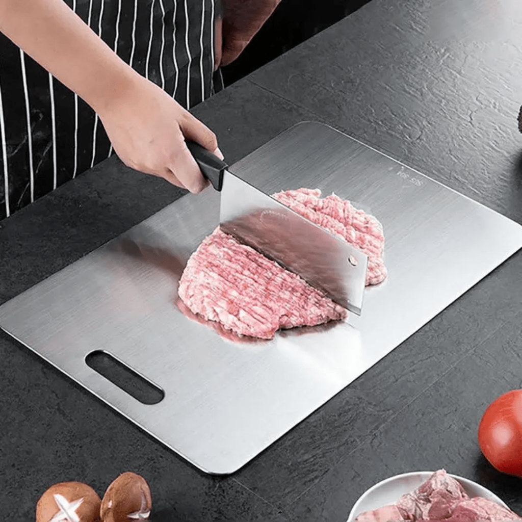 Odor-free stainless steel cutting board. A durable, sleek, & hygienic choice for kitchen food preparation.