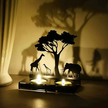 Elegant safari elephant & giraffe silhouette candle holders for home decor.