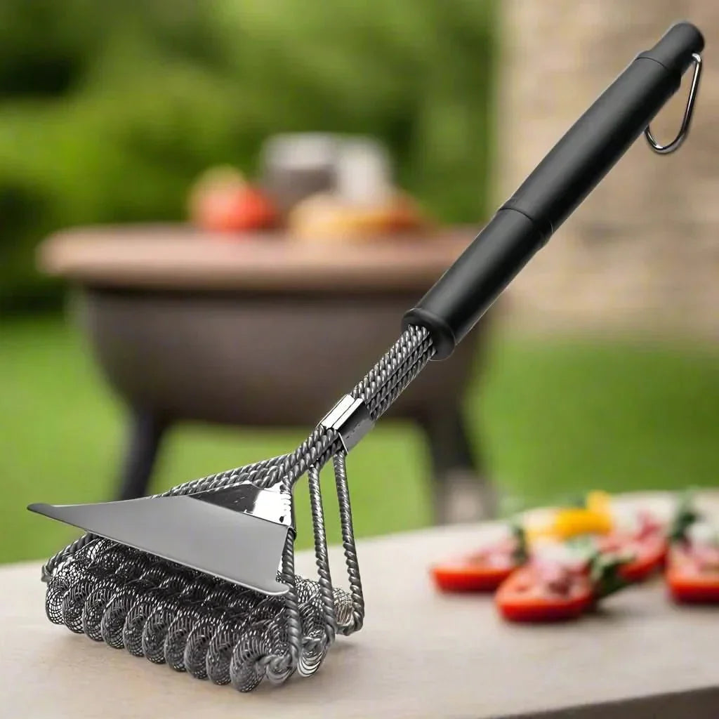 Safe bristle-free stainless steel BBQ grill brush for effective, residue-free cleaning of grates.