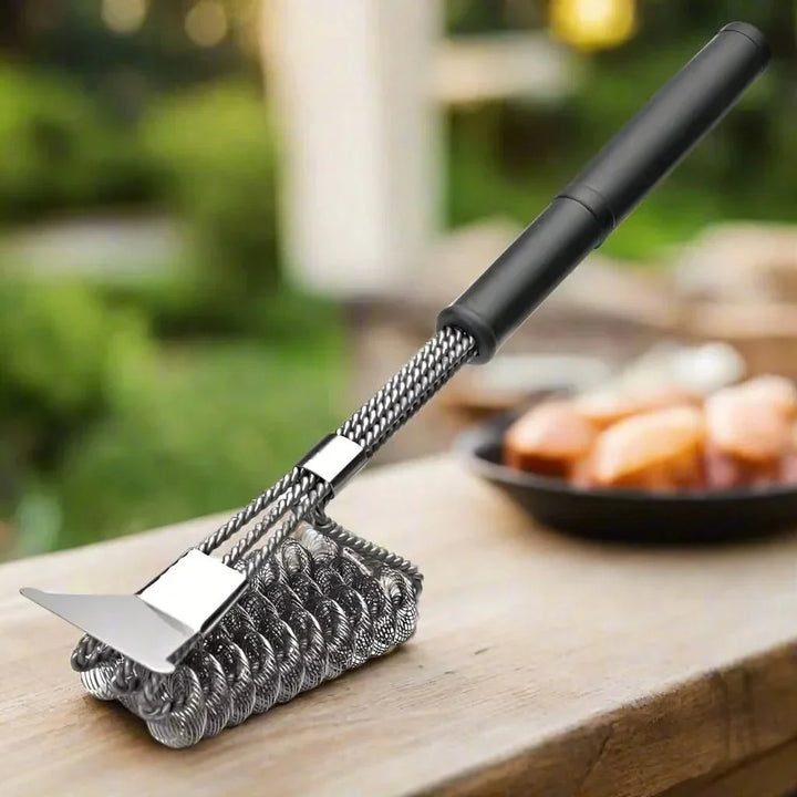 Durable stainless steel bristle-free grill brush, perfect for heavy-duty BBQ cleaning and maintenance.