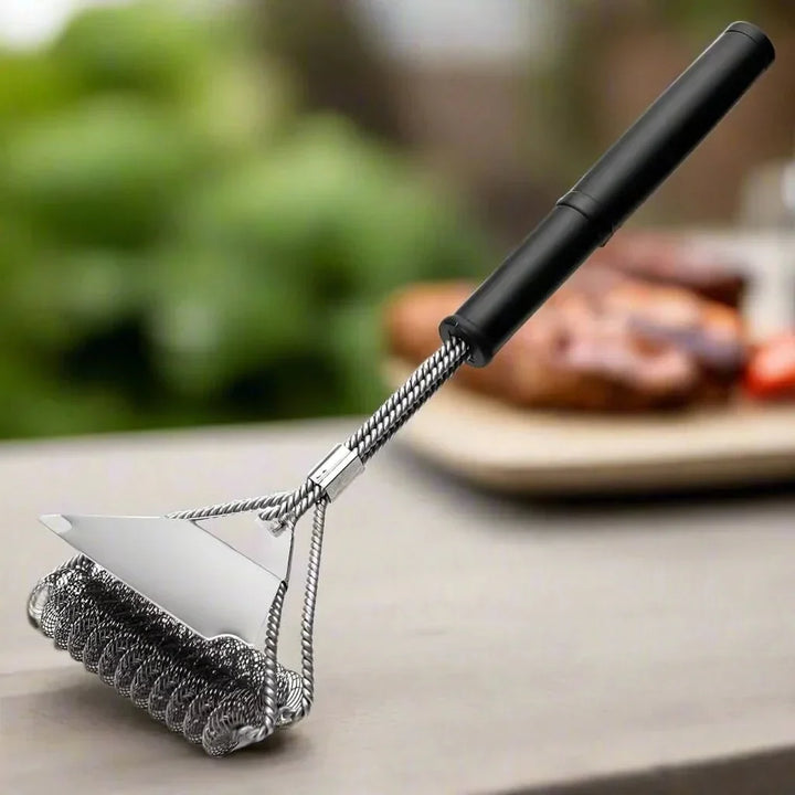 Bristle-free BBQ grill brush; essential stainless steel grill cleaner for safe & efficient outdoor cooking.