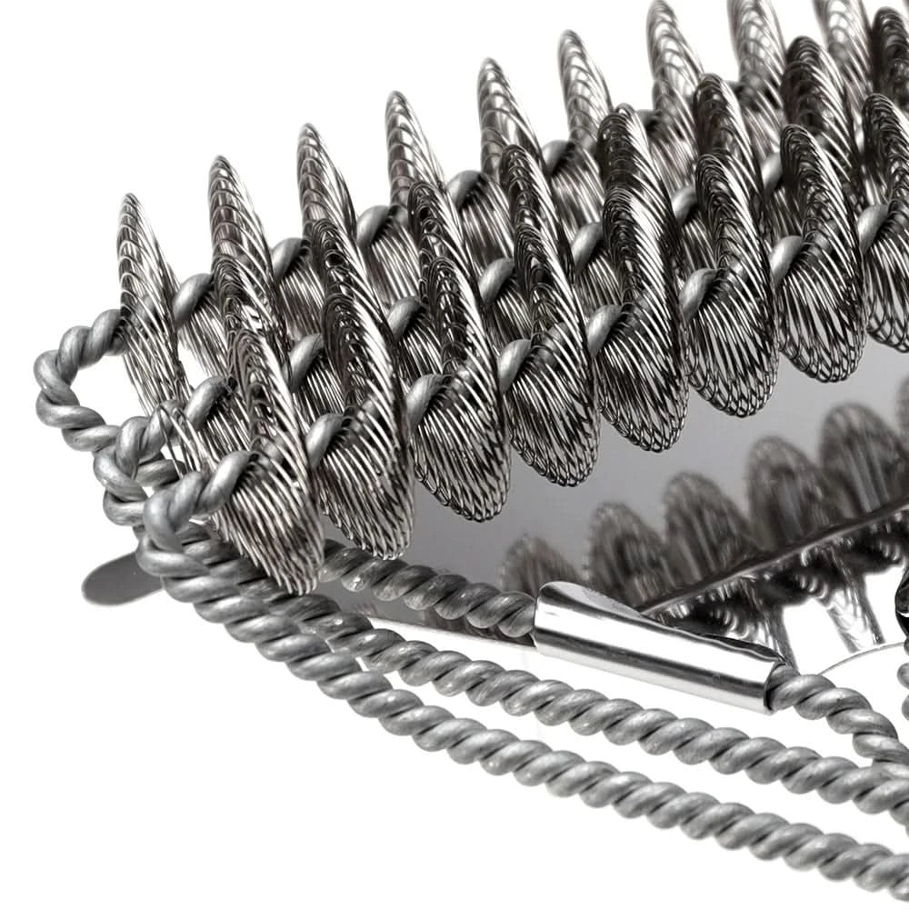 Efficient bristle-free stainless steel grill brush, making BBQ grate cleaning easy and safe without bristles.