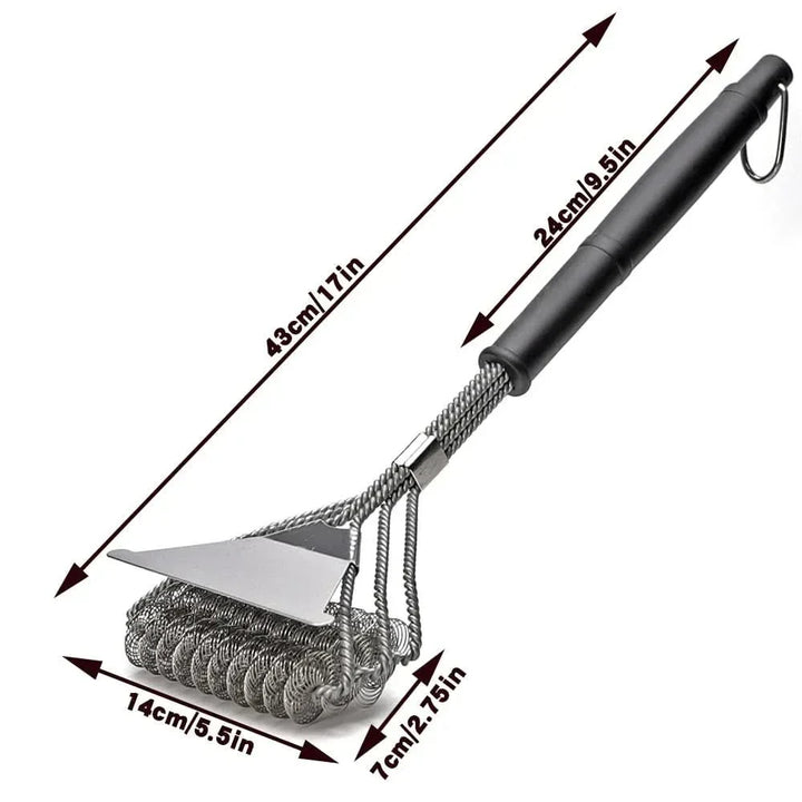 Heavy-duty bristle-free stainless steel grill brush for deep and safe cleaning of barbecue grates.