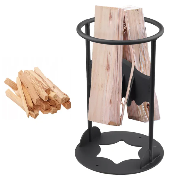 Person safely splitting kindling with a heavy-duty cast iron log splitter for wood stoves & campfires.