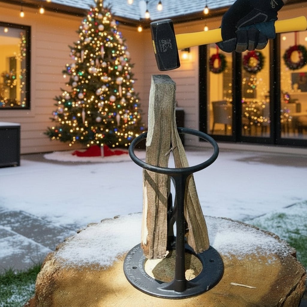 Durable cast iron firewood splitter, an essential manual tool for winter wood preparation & fireplace kindling.