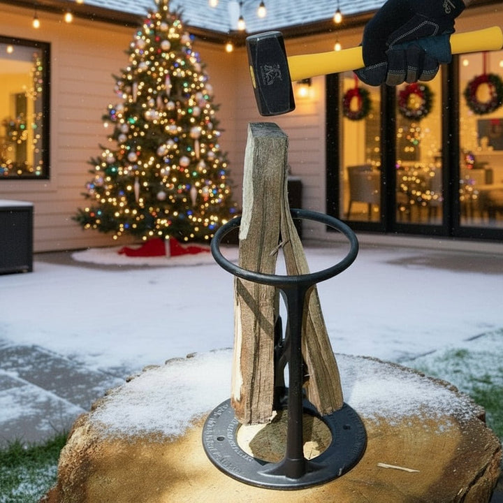 Durable cast iron firewood splitter, an essential manual tool for winter wood preparation & fireplace kindling.