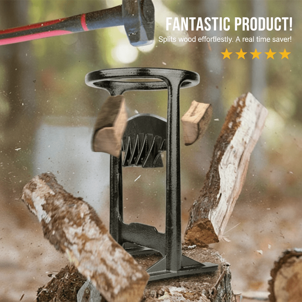 Portable cast iron firewood splitter, a safe manual tool for camping, outdoor kindling, and wood stove logs.