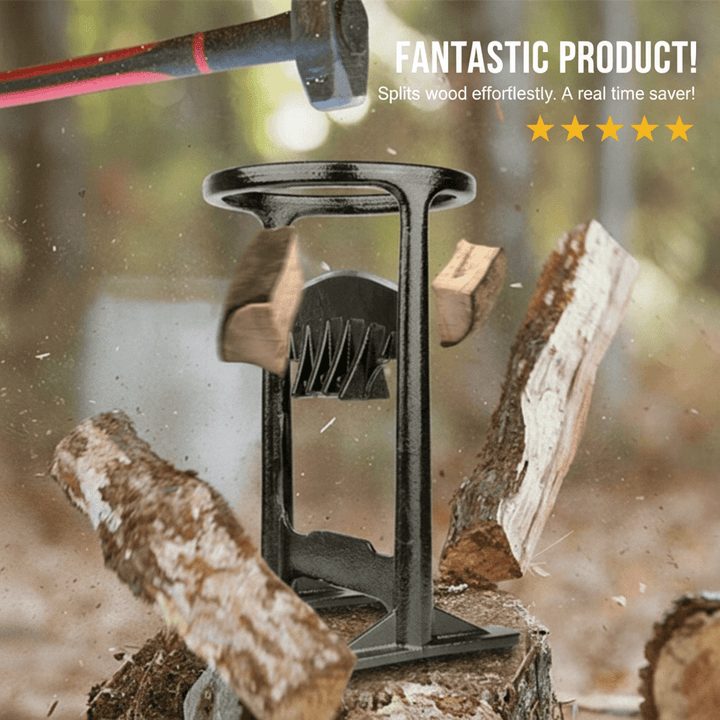 Portable cast iron firewood splitter, a safe manual tool for camping, outdoor kindling, and wood stove logs.
