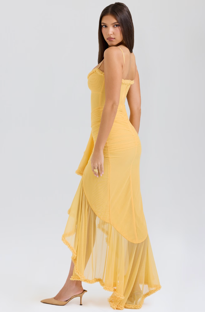 Saffron Ruffle Maxi Summer Dress for wedding guests, elegant & sleeveless design.