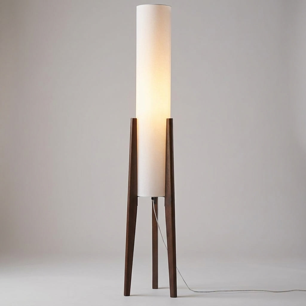 Modern Scandinavian floor lamp, walnut wood finish, providing soft ambient light for living spaces.