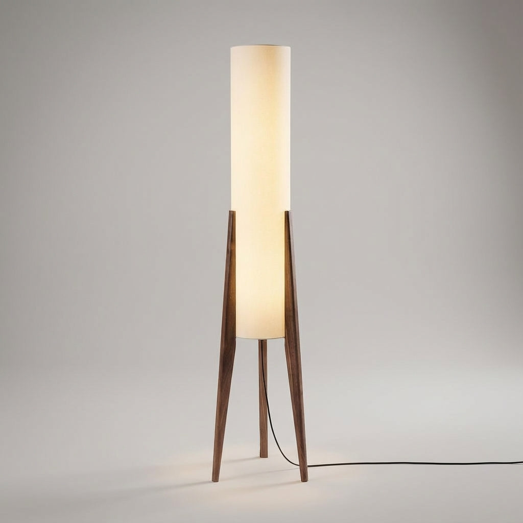 Sleek Scandinavian floor lamp in walnut wood, ideal modern lighting for cozy living room ambiance.