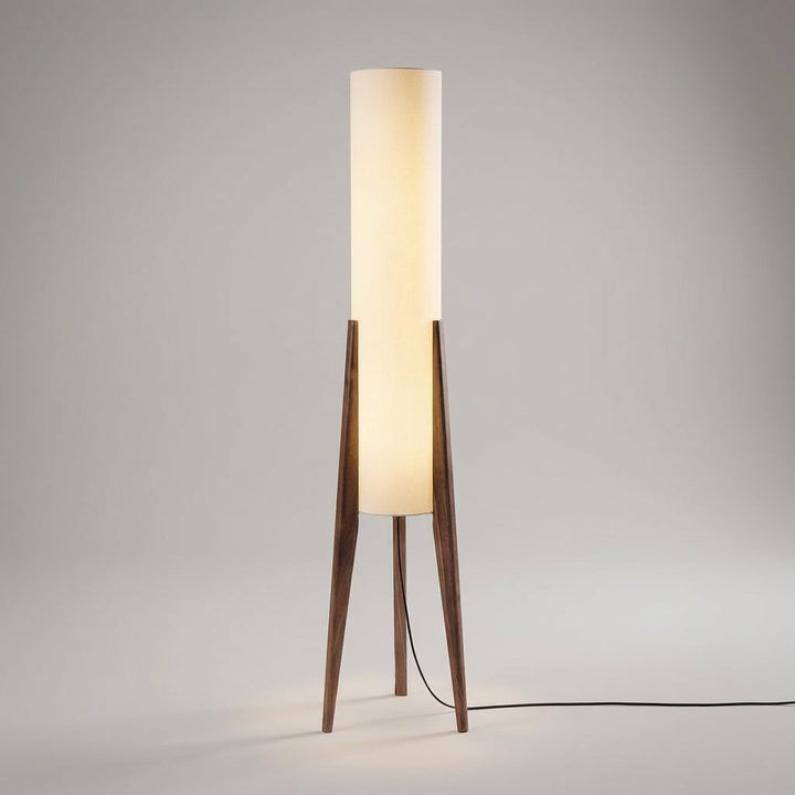 Sleek Scandinavian floor lamp in walnut wood, ideal modern lighting for cozy living room ambiance.