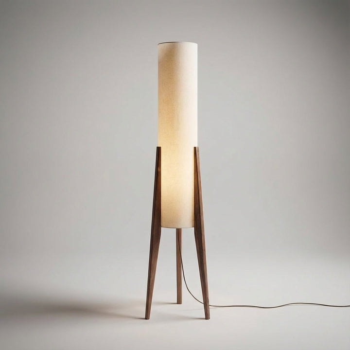 Elegant Scandinavian walnut wood floor lamp, modern ambient light for cozy living room home decor.