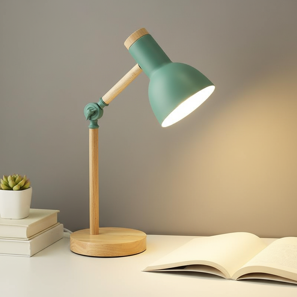 Scandinavian wood & metal desk lamp for modern office or bedroom. Adjustable task lighting.