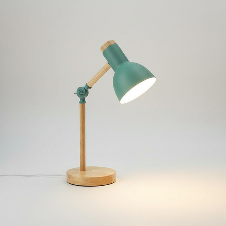 Modern Scandinavian table lamp with wood base & black metal shade. Ideal for office or bedside.