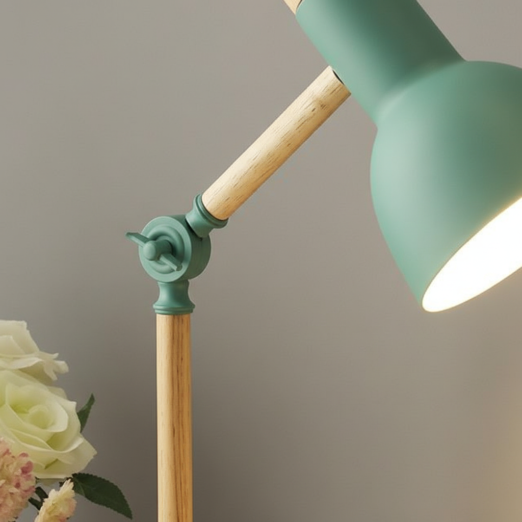 Lumibrook Scandinavian desk lamp featuring natural wood and sleek black metal. Perfect for task lighting.