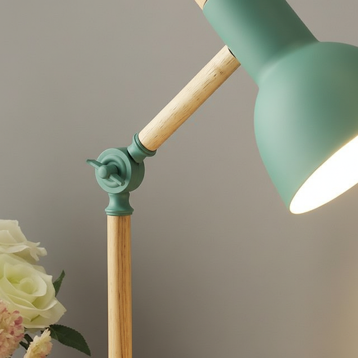 Lumibrook Scandinavian desk lamp featuring natural wood and sleek black metal. Perfect for task lighting.
