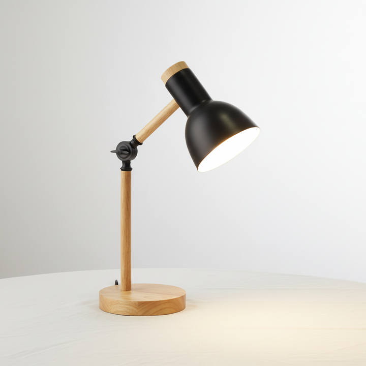 Adjustable Scandinavian wood & metal desk lamp. Modern design for reading, office work, or bedroom.