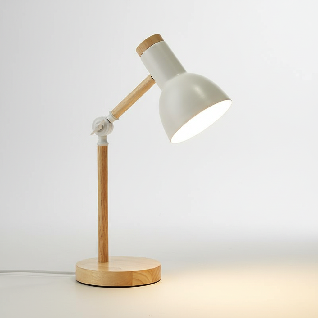 Elegant wood and metal Scandinavian table lamp. Modern design enhances any desk or nightstand.