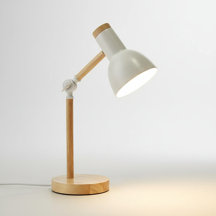 Elegant wood and metal Scandinavian table lamp. Modern design enhances any desk or nightstand.