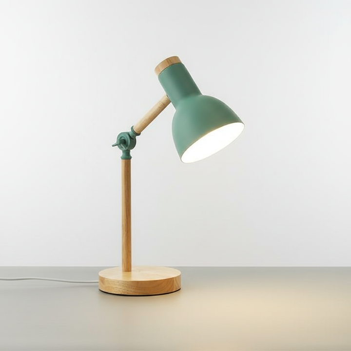 Minimalist Scandinavian desk lamp. Features warm wood base & cool metal shade for a modern aesthetic.