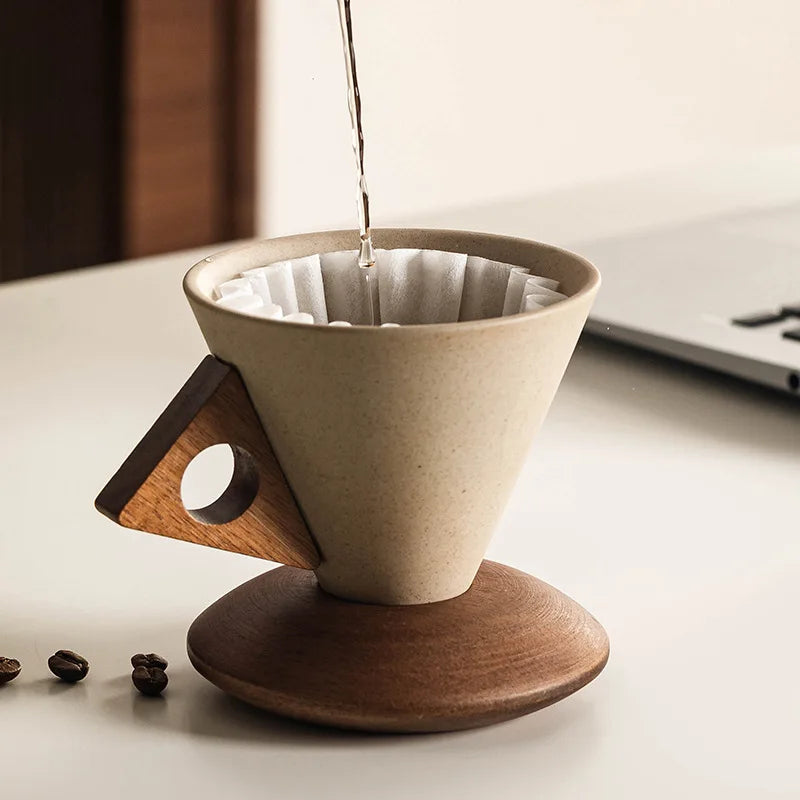 Elegant ceramic cone mug set for coffee & tea. Modern drinkware with wood base, great gift idea.