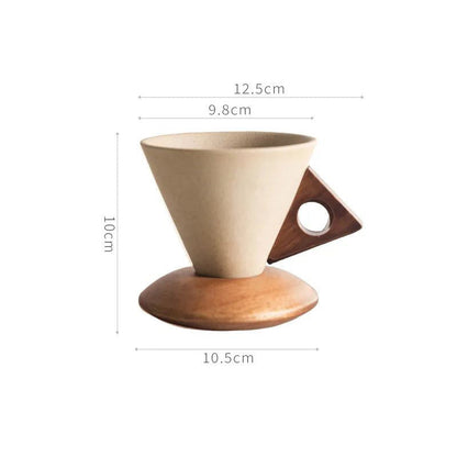 Sculptural ceramic cone mug set with minimalist modern design. Elegant coffee & tea cups with a natural wood base.