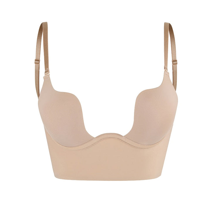 Women's invisible strapless backless bra, seamless design for discreet support under any outfit, lingerie essential.