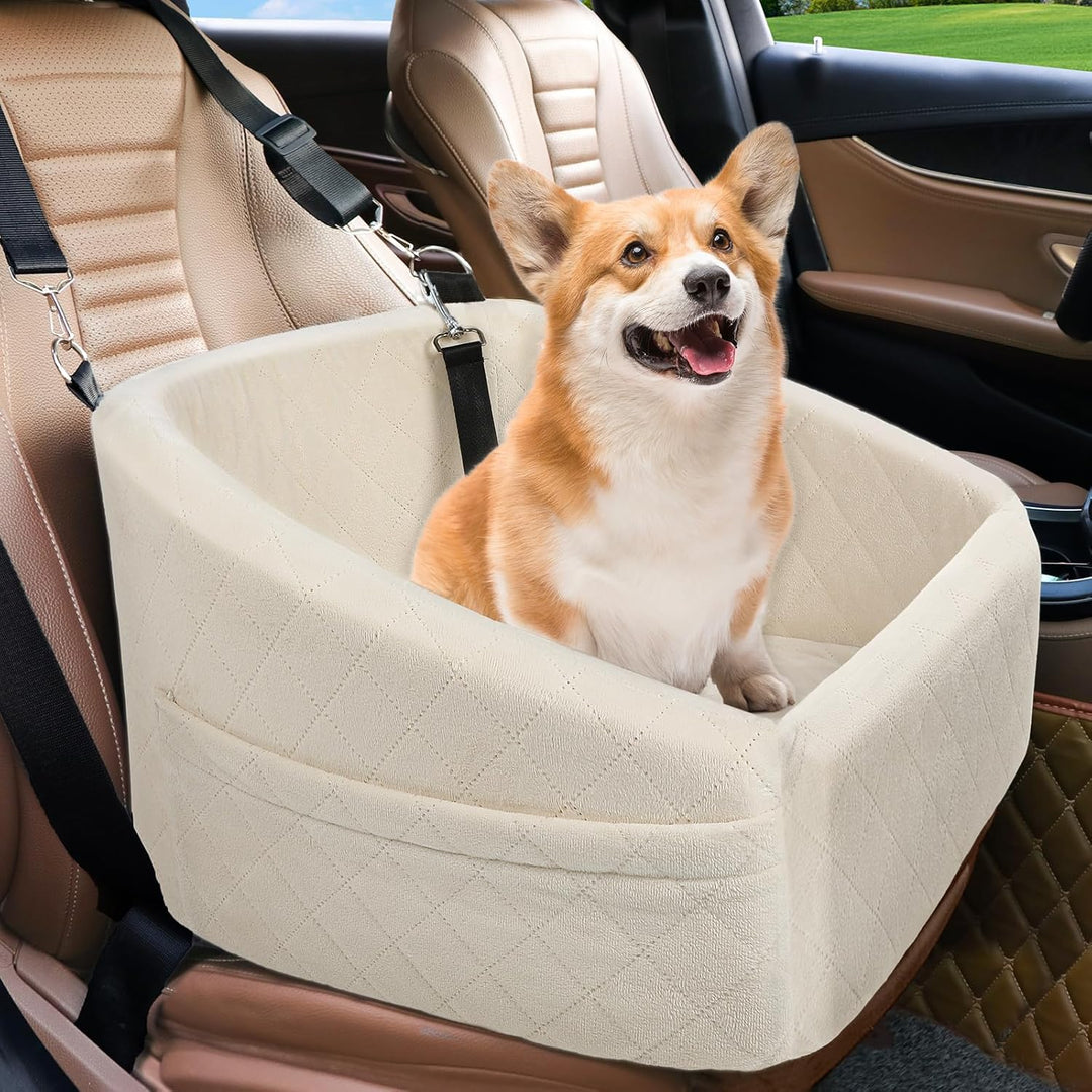Secure pet car seat with safety belt, storage pockets, ideal for small & medium dogs.