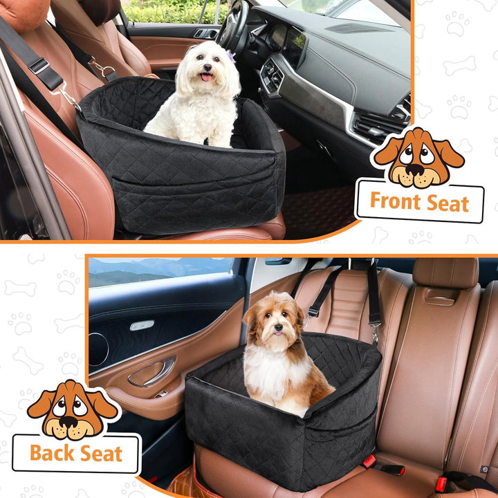 Premium dog car seat featuring a secure safety belt, storage, and washable cover.