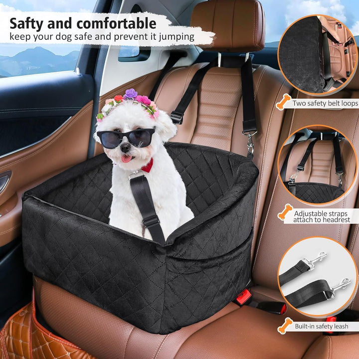 Elevated dog booster seat for better views, includes safety belt and handy storage compartments.