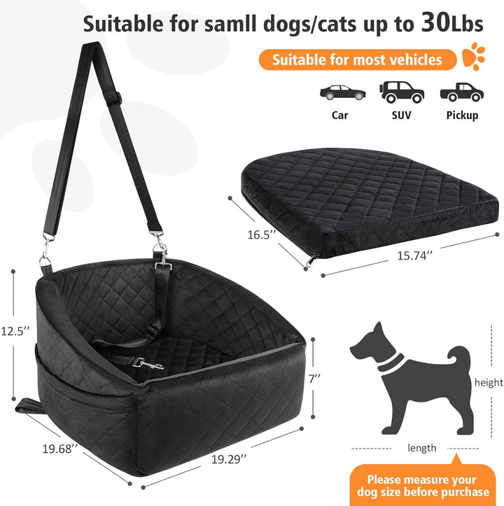 Safe car travel for pets: washable dog seat with secure belt & side pockets for toys/treats.