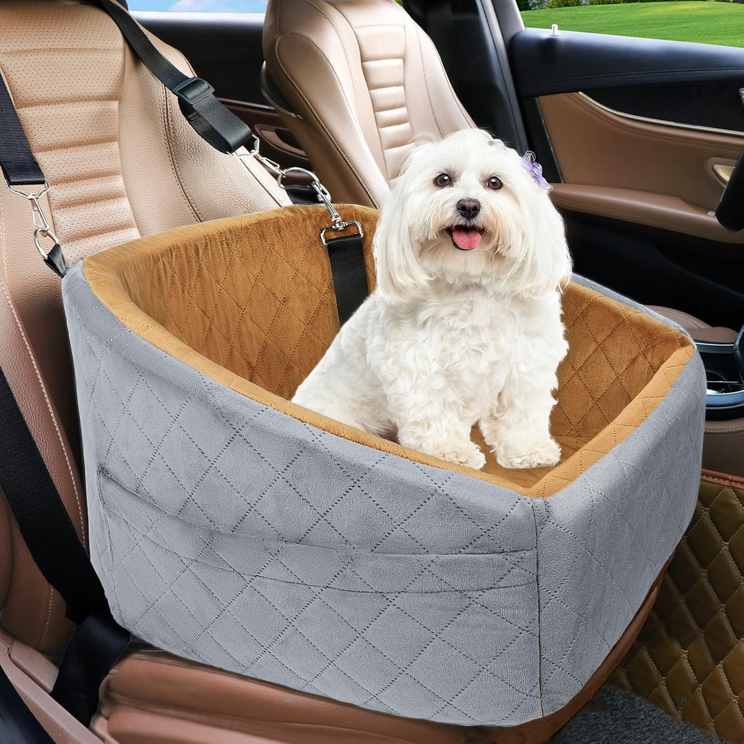 Comfortable dog booster seat for car travel, includes secure safety belt & side storage.