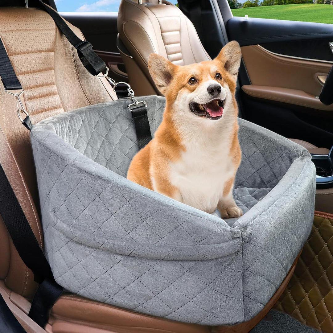 Washable dog car seat with strong safety belt, perfect for safe car rides with pets.