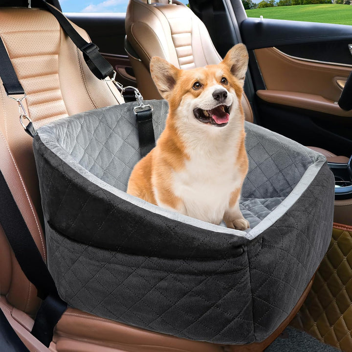 Compact dog car seat with integrated storage and safety belt for worry-free pet journeys.