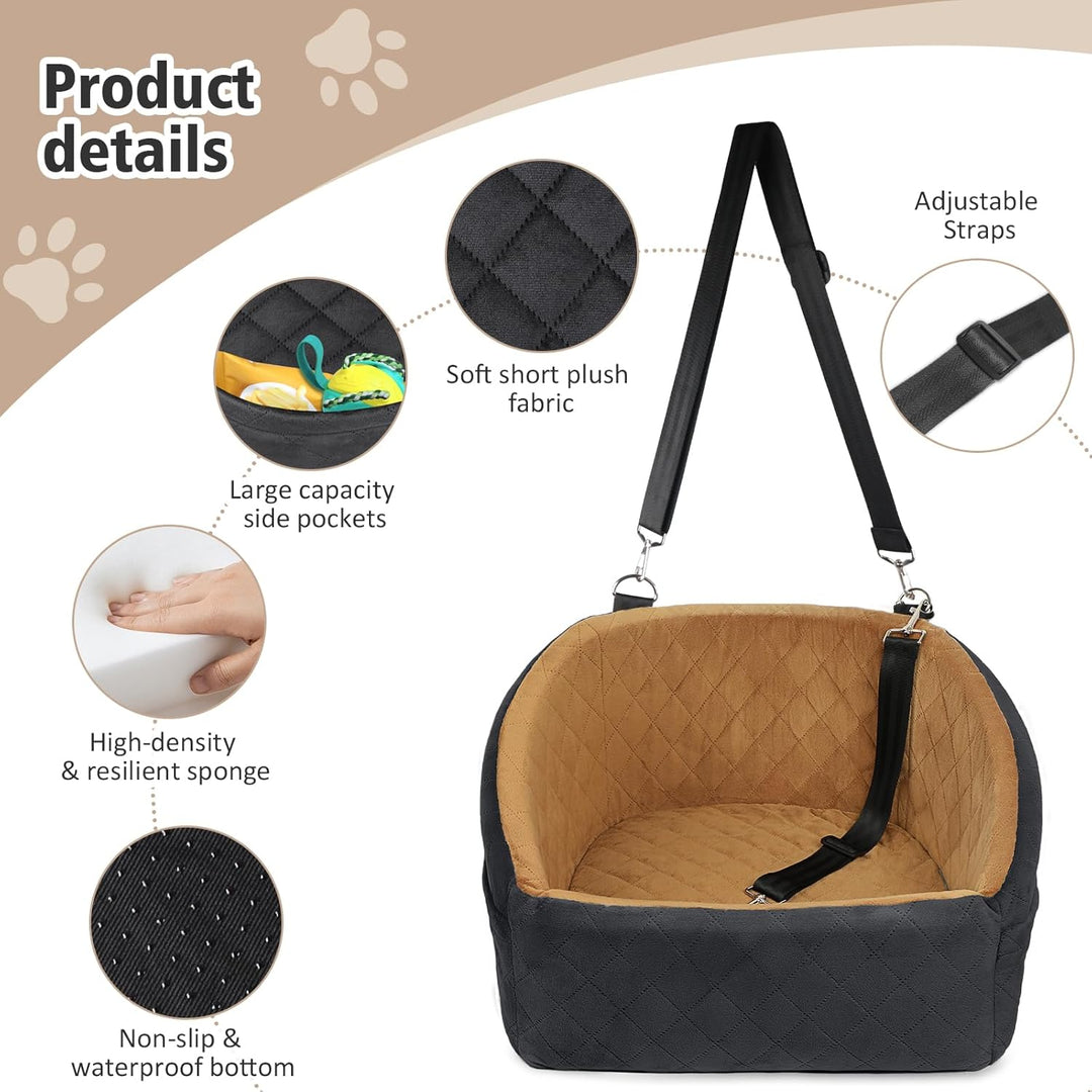 Durable dog booster seat, washable fabric, keeps small dogs safe & comfortable during car travel.