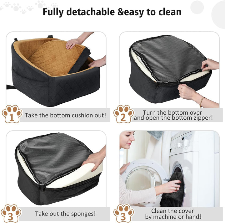 Secure pet car booster with a robust safety belt and convenient storage for pet essentials.