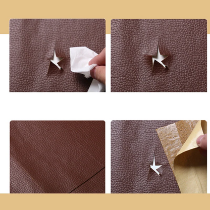 Versatile self-adhesive leather patch for repairing torn car seats, couches & other furniture.