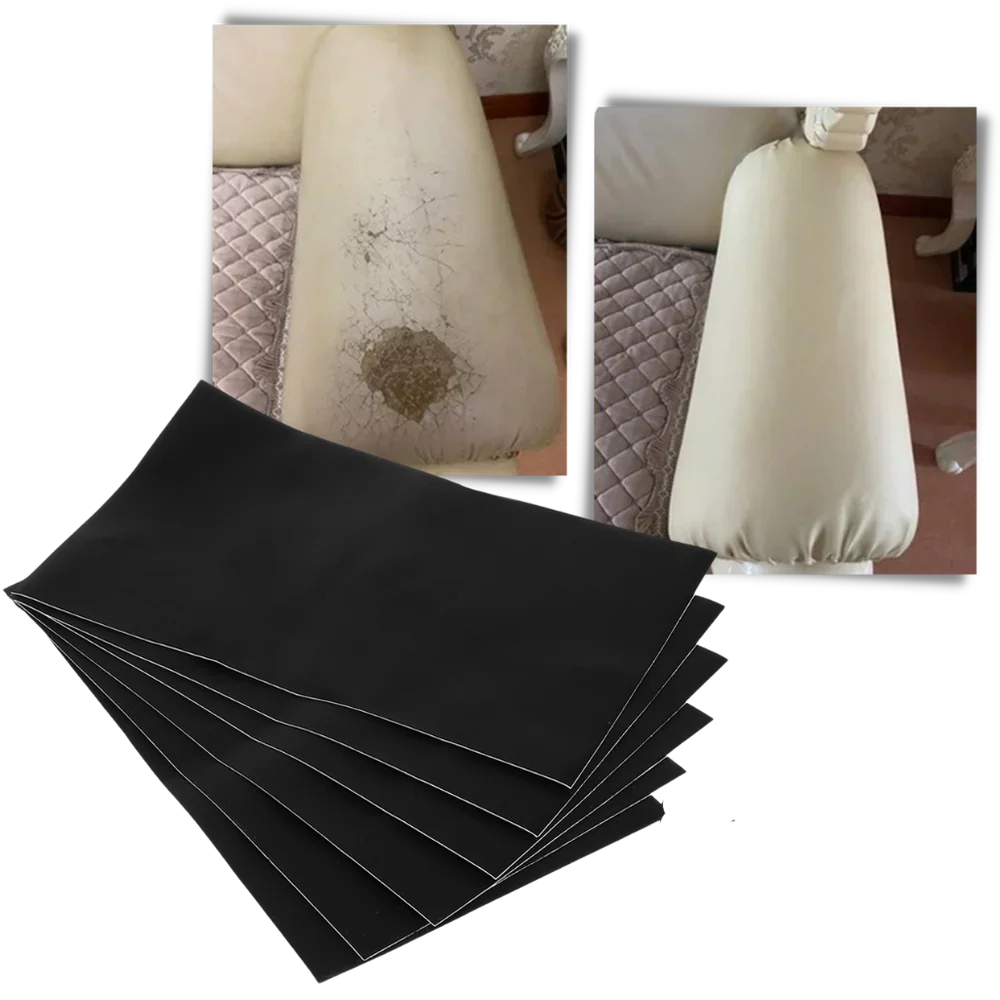 Flexible self-adhesive patch for leather, vinyl, and fabric repairs on furniture, car seats & clothing.