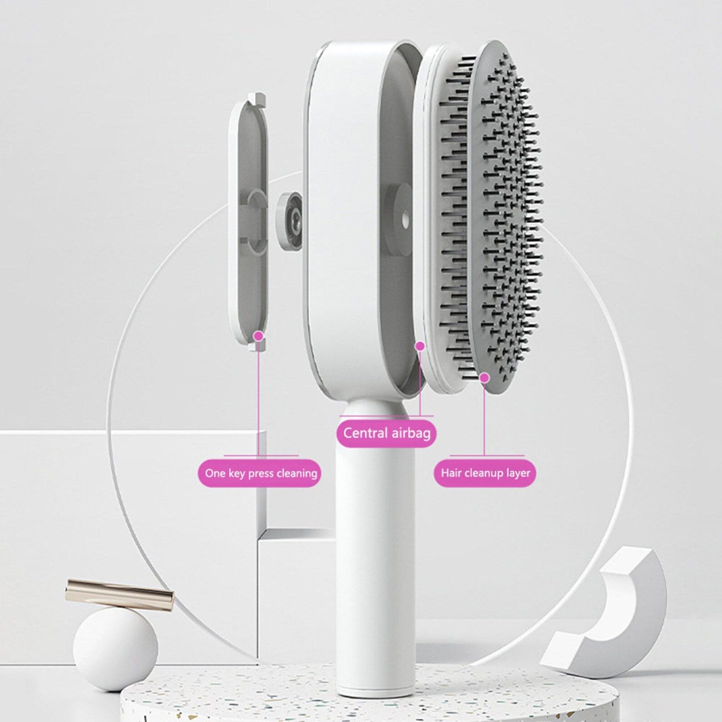 Ergonomic self-cleaning hair brush quickly detangles wet or dry hair, reduces breakage, healthy scalp.