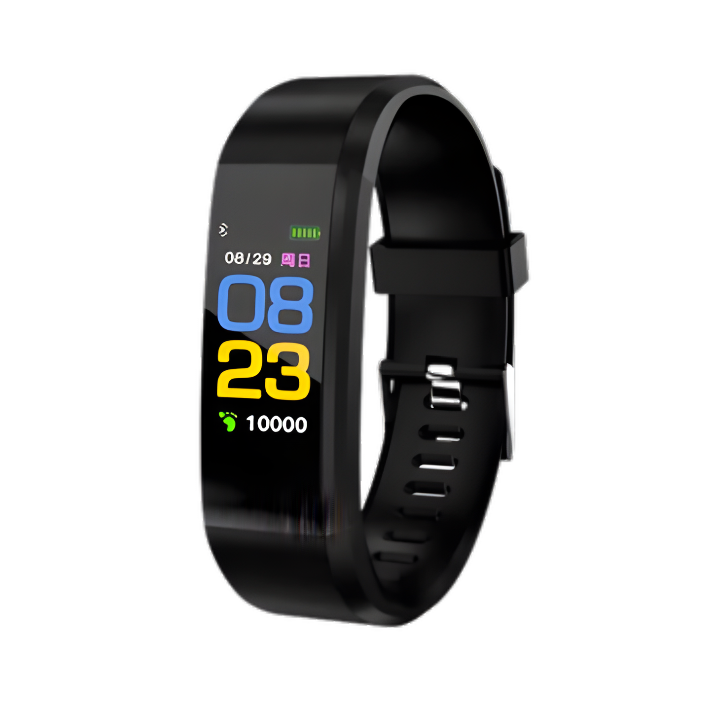 Senior Health Monitoring Smartwatch, black, on a wrist, displaying time and heart rate. Ideal elderly tech.
