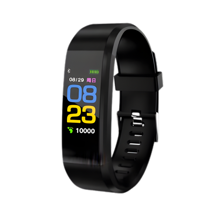 Senior Health Monitoring Smartwatch, black, on a wrist, displaying time and heart rate. Ideal elderly tech.