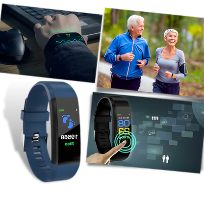 Elderly woman smiling, wearing a Senior Health Monitoring Smartwatch, checking her fitness data.