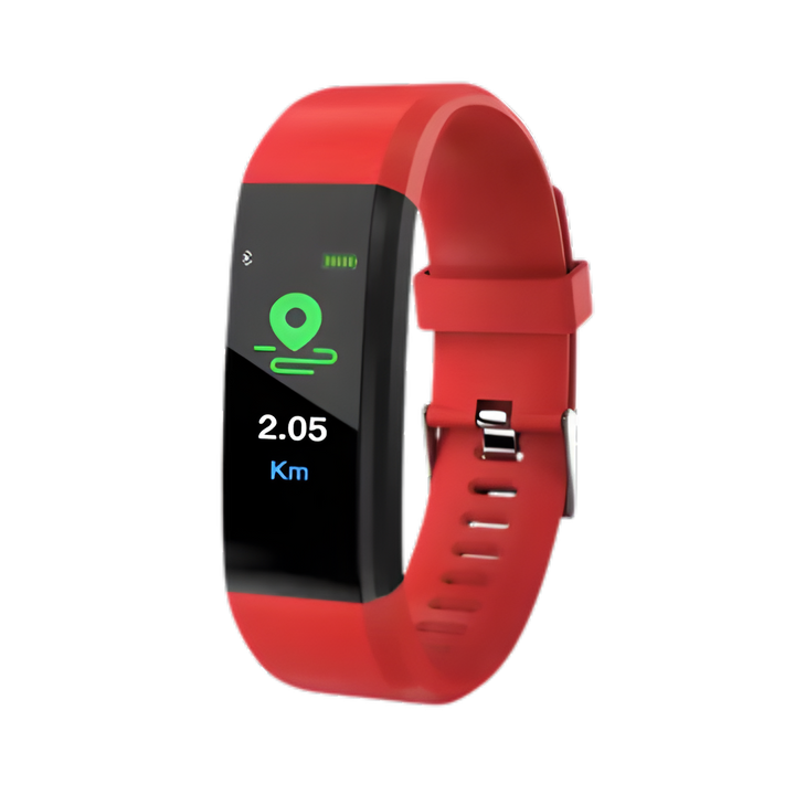 Elderly person checking activity tracker on a Senior Smartwatch; steps and calories shown. Easy use.