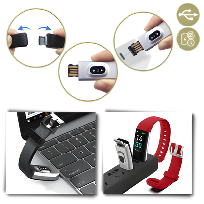 Senior health monitoring smartwatch on its magnetic charging dock. Reliable elderly tech with long battery.
