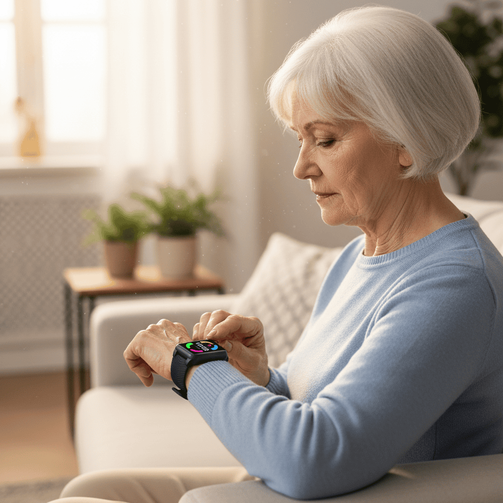 Elderly safety smartwatch with automatic fall detection, loud SOS button, and emergency alert system.