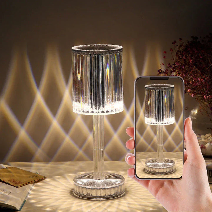 Seraphine modern crystal table lamp, dimmable LED with adjustable glow, luxurious home decor accent lighting.